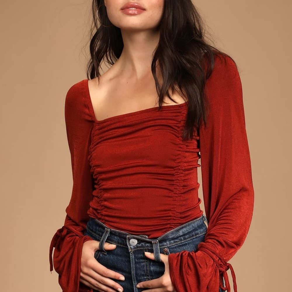 Free People Red Square Neck Ruched Blouse with Long Bell Sleeves